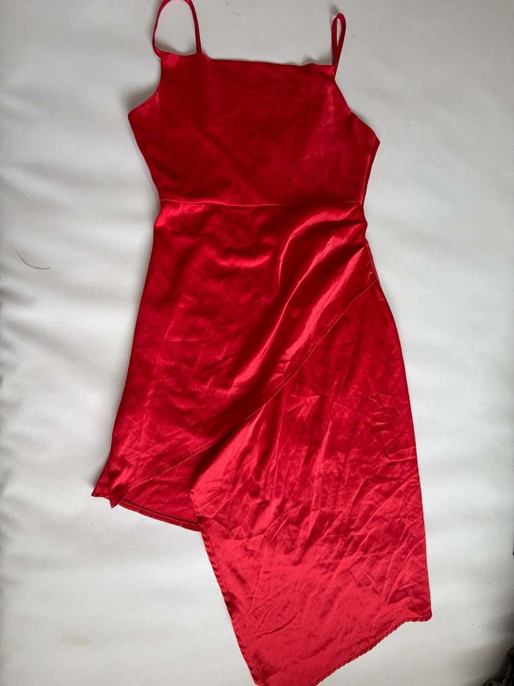 Womens M Red Satin Slip Dress Asymmetrical Wrap Hem Party Cocktail Y2K Chic